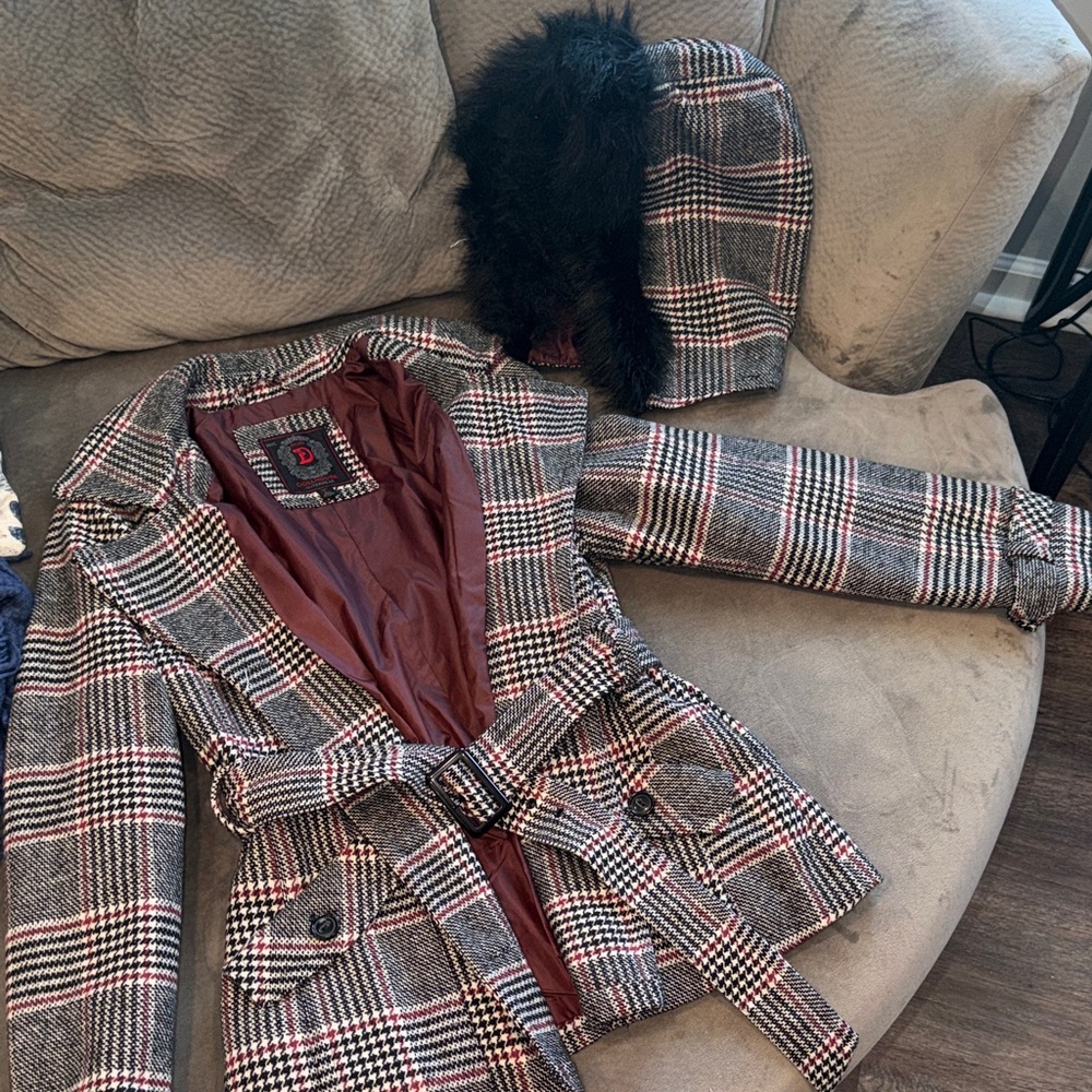 Dollhouse Burgundy Lined Black, White & Red Plaid Coat